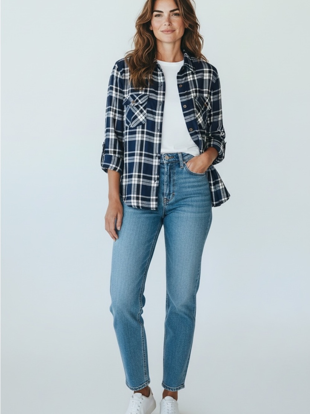 82 JACHS Girlfriend Navy and White Plaid Button-Up Shirt